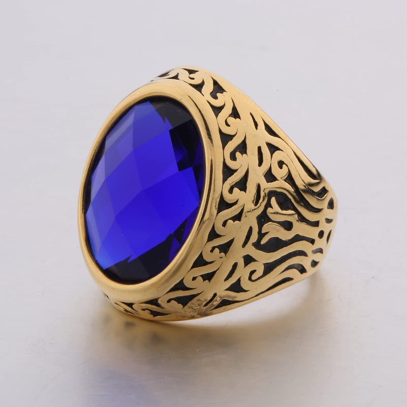 MASOP Jewellery Vintage Mens Stainless Steel CZ Ring Gold Biker Sapphire Color Blue Stone Size 9 - Image 4